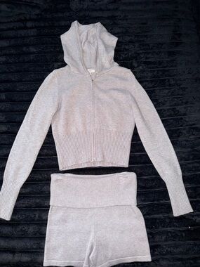 Gray Knit Hoodie Zip-Up and High-Waist Shorts Set